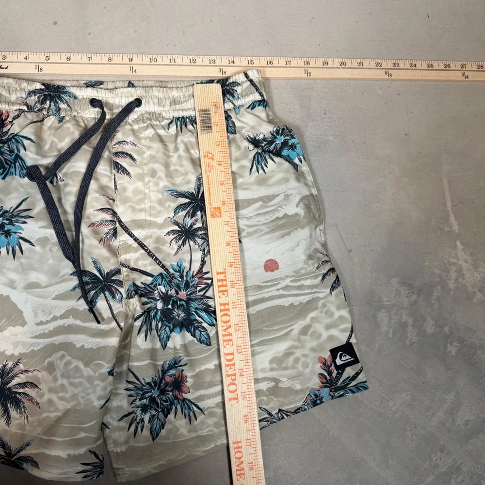 Quiksilver Mens Tropical Palm Tree Print Swim Trunks Beige Blue Size M RN169009